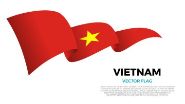 Vietnam bayrağı. Vietnam ve Asya Kültürü. Ülke adı ve kopyalama alanı olan temiz beyaz bir arkaplan ile ayarlayın. Gerçekçi gölgeler ve gradyanlarla dinamik bir dalga etkisi yaratan üç katmanlı parlayan bir vektör bayrağı