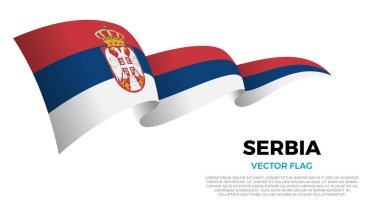 Sırbistan bayrağı. Sırp ve Avrupa Kültürü. Ülke adı ve kopyalama alanı olan temiz beyaz bir arkaplan ile ayarlayın. Gerçekçi gölgeler ve gradyanlarla dinamik bir dalga etkisi yaratan üç katmanlı parlayan bir vektör bayrağı