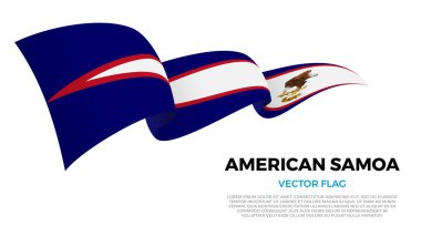 Amerikan Samoası bayrağı. Amerikan Samoa ve Polinezya Kültürü. Ülke adı ve kopyalama alanı olan temiz beyaz bir arkaplan ile ayarlayın. Gerçekçi gölgelerle dinamik bir dalga etkisi yaratan üç katmanlı parlayan bir vektör bayrağı
