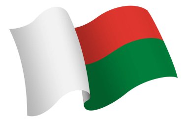 Madagaskar bayrağı. Hareket ve el sallama etkisi gösteren kurdele tarzı bir bayrak. Zarif kıvrımlar ve gerçekçi gölgeleme hareket hissi yaratır. Uluslararası projeler, seyahat materyalleri ve kültürel sunumlar için ideal