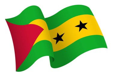 Sao Tome ve Principe bayrağı. Hareket ve el sallama etkisi gösteren kurdele tarzı bir bayrak. Zarif kıvrımlar ve gerçekçi gölgeleme hareket hissi yaratır. Uluslararası projeler, seyahat materyalleri ve kültürel sunumlar için ideal