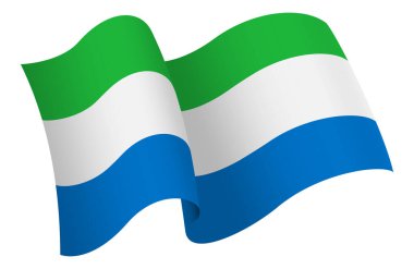 Sierra Leona bayrağı. Hareket ve el sallama etkisi gösteren kurdele tarzı bir bayrak. Zarif kıvrımlar ve gerçekçi gölgeleme hareket hissi yaratır. Uluslararası projeler, seyahat materyalleri ve kültürel sunumlar için ideal