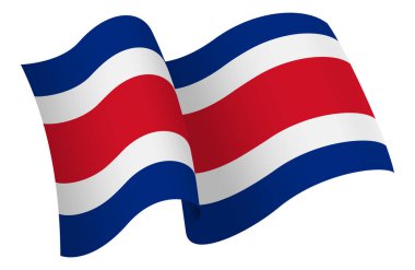 Kosta Rika bayrağı. Hareket ve el sallama etkisi gösteren kurdele tarzı bir bayrak. Zarif kıvrımlar ve gerçekçi gölgeleme hareket hissi yaratır. Uluslararası projeler, seyahat materyalleri ve kültürel sunumlar için ideal