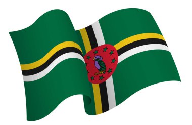 Dominica bayrağı. Hareket ve el sallama etkisi gösteren kurdele tarzı bir bayrak. Zarif kıvrımlar ve gerçekçi gölgeleme hareket hissi yaratır. Uluslararası projeler, seyahat materyalleri ve kültürel sunumlar için ideal