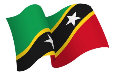 Saint Kitts ve Nevis bayrağı. Hareket ve el sallama etkisi gösteren kurdele tarzı bir bayrak. Zarif kıvrımlar ve gerçekçi gölgeleme hareket hissi yaratır. Uluslararası projeler, seyahat materyalleri ve kültürel sunumlar için ideal