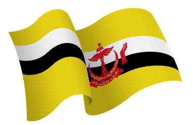 Brunei bayrağı. Hareket ve el sallama etkisi gösteren kurdele tarzı bir bayrak. Zarif kıvrımlar ve gerçekçi gölgeleme hareket hissi yaratır. Uluslararası projeler, seyahat materyalleri ve kültürel sunumlar için ideal