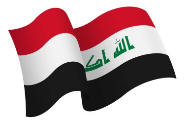 Irak bayrağı. Hareket ve el sallama etkisi gösteren kurdele tarzı bir bayrak. Zarif kıvrımlar ve gerçekçi gölgeleme hareket hissi yaratır. Uluslararası projeler, seyahat materyalleri ve kültürel sunumlar için ideal