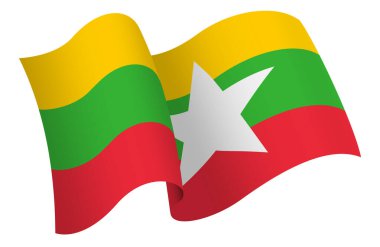 Myanmar bayrağı. Hareket ve el sallama etkisi gösteren kurdele tarzı bir bayrak. Zarif kıvrımlar ve gerçekçi gölgeleme hareket hissi yaratır. Uluslararası projeler, seyahat materyalleri ve kültürel sunumlar için ideal