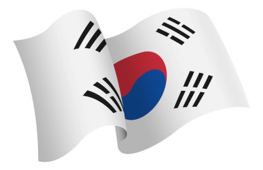 Güney Kore bayrağı. Hareket ve el sallama etkisi gösteren kurdele tarzı bir bayrak. Zarif kıvrımlar ve gerçekçi gölgeleme hareket hissi yaratır. Uluslararası projeler, seyahat materyalleri ve kültürel sunumlar için ideal