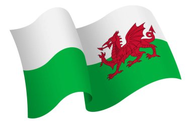 Galler bayrağı. Hareket ve el sallama etkisi gösteren kurdele tarzı bir bayrak. Zarif kıvrımlar ve gerçekçi gölgeleme hareket hissi yaratır. Uluslararası projeler, seyahat materyalleri ve kültürel sunumlar için ideal