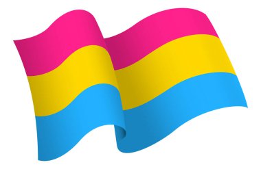 Panseksüel bayrağı. LGBTQ. Hareket ve el sallama etkisi gösteren kurdele tarzı bir bayrak. Zarif kıvrımlar ve gerçekçi gölgeleme hareket hissi yaratır. Uluslararası projeler, seyahat materyalleri ve kültürel sunumlar için ideal