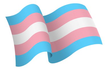 Transseksüel bayrağı. LGBTQ. Hareket ve el sallama etkisi gösteren kurdele tarzı bir bayrak. Zarif kıvrımlar ve gerçekçi gölgeleme hareket hissi yaratır. Uluslararası projeler, seyahat materyalleri ve kültürel sunumlar için ideal
