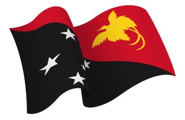 Papua Yeni Gine bayrağı. Hareket ve el sallama etkisi gösteren kurdele tarzı bir bayrak. Zarif kıvrımlar ve gerçekçi gölgeleme hareket hissi yaratır. Uluslararası projeler, seyahat materyalleri ve kültürel sunumlar için ideal