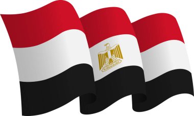 Mısır bayrağı. Hareket ve el sallama etkisi gösteren kurdele tarzı bir bayrak. Zarif kıvrımlar ve gerçekçi gölgeleme hareket hissi yaratır. Uluslararası projeler, seyahat materyalleri ve kültürel sunumlar için ideal