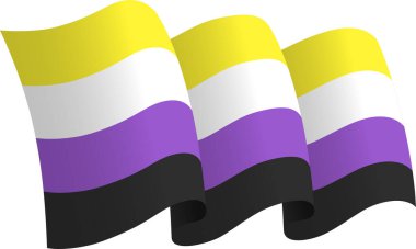 İkili Olmayan Bayrak. LGBTQ. Hareket ve el sallama etkisi gösteren kurdele tarzı bir bayrak. Zarif kıvrımlar ve gerçekçi gölgeleme hareket hissi yaratır. Uluslararası projeler, seyahat materyalleri ve kültürel sunumlar için ideal