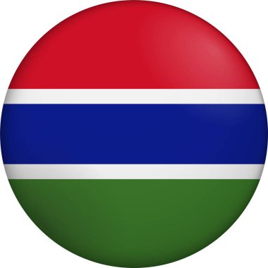 Gambiya bayrağı. Parlak dairesel bayrak. Düğme görünümü. Derinlikli 3D Simge Tasarımı. Profesyonel, dokunaklı görünüş. Ulusal kimliği dijital arayüzlerde temsil etmek ve web siteleri için mükemmel.