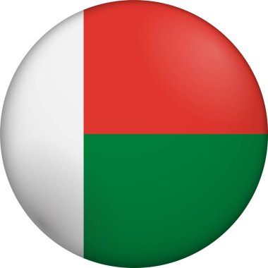 Madagaskar bayrağı. Parlak dairesel bayrak. Düğme görünümü. Derinlikli 3D Simge Tasarımı. Profesyonel, dokunaklı görünüş. Ulusal kimliği dijital arayüzlerde temsil etmek ve web siteleri için mükemmel.