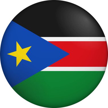 Güney Sudan bayrağı. Parlak dairesel bayrak. Düğme görünümü. Derinlikli 3D Simge Tasarımı. Profesyonel, dokunaklı görünüş. Ulusal kimliği dijital arayüzlerde temsil etmek ve web siteleri için mükemmel