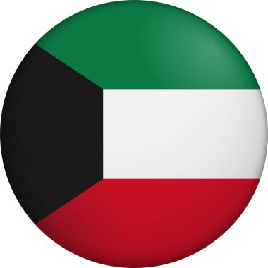 Kuveyt bayrağı. Parlak dairesel bayrak. Düğme görünümü. Derinlikli 3D Simge Tasarımı. Profesyonel, dokunaklı görünüş. Ulusal kimliği dijital arayüzlerde temsil etmek ve web siteleri için mükemmel