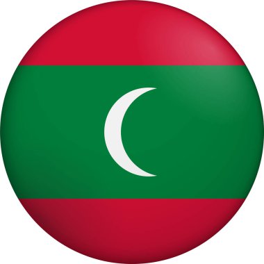 Maldivler bayrağı. Maldivler bayrağı. Parlak dairesel bayrak. Düğme görünümü. Derinlikli 3D Simge Tasarımı. Profesyonel, dokunaklı görünüş. Ulusal kimliği dijital arayüzlerde temsil etmek ve web siteleri için mükemmel