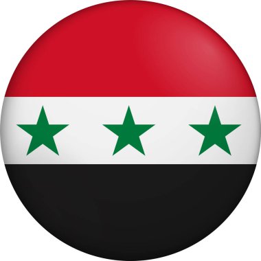 Suriye bayrağı. Parlak dairesel bayrak. Düğme görünümü. Derinlikli 3D Simge Tasarımı. Profesyonel, dokunaklı görünüş. Ulusal kimliği dijital arayüzlerde temsil etmek ve web siteleri için mükemmel