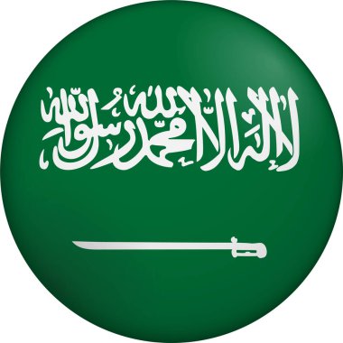 Suudi Arabistan bayrağı. Parlak dairesel bayrak. Düğme görünümü. Derinlikli 3D Simge Tasarımı. Profesyonel, dokunaklı görünüş. Ulusal kimliği dijital arayüzlerde temsil etmek ve web siteleri için mükemmel