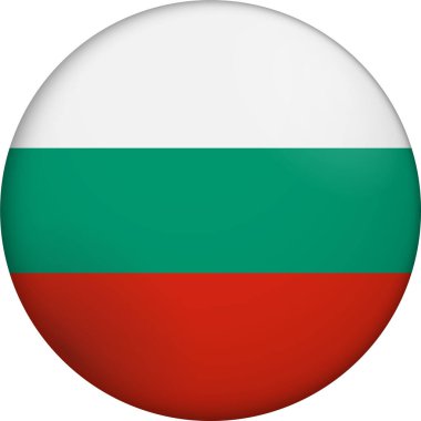 Bulgaristan bayrağı. Parlak dairesel bayrak. Düğme görünümü. Derinlikli 3D Simge Tasarımı. Profesyonel, dokunaklı görünüş. Ulusal kimliği dijital arayüzlerde temsil etmek ve web siteleri için mükemmel
