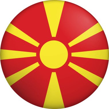 Kuzey Makedonya bayrağı. Parlak dairesel bayrak. Düğme görünümü. Derinlikli 3D Simge Tasarımı. Profesyonel, dokunaklı görünüş. Ulusal kimliği dijital arayüzlerde temsil etmek ve web siteleri için mükemmel