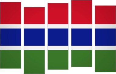 Gambiya bayrağı. Modüler perspektifte dikey panelleri olan bir bayrak. Bu parçalanmış sanatsal yaklaşım bayrak tasarımında yeni bir bakış açısı sunuyor. Modern dekoratif sunum için çarpıcı bir kültürel seçim