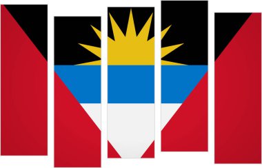 Antigua ve Barbuda bayrağı. Modüler perspektifte dikey panelleri olan bir bayrak. Bu parçalanmış sanatsal yaklaşım bayrak tasarımında yeni bir bakış açısı sunuyor. Modern dekoratif sunum için çarpıcı bir kültürel seçim