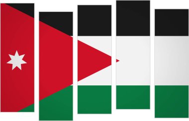 Ürdün bayrağı. Modüler perspektifte dikey panelleri olan bir bayrak. Bu parçalanmış sanatsal yaklaşım bayrak tasarımında yeni bir bakış açısı sunuyor. Modern dekoratif sunum için çarpıcı bir kültürel seçim