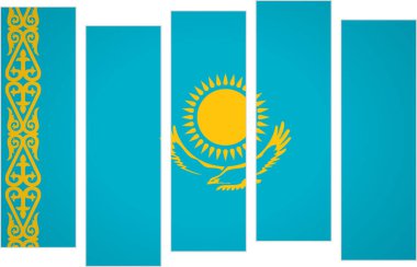 Kazakistan bayrağı. Modüler perspektifte dikey panelleri olan bir bayrak. Bu parçalanmış sanatsal yaklaşım bayrak tasarımında yeni bir bakış açısı sunuyor. Modern dekoratif sunum için çarpıcı bir kültürel seçim