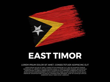 Doğu Timor bayrağı. Timorese ve Austral Kültür. Canlı, desenli fırça darbesi etkisi tarzı. Kopyalama alanı olan siyah arkaplan. Negatif uzayda dramatik kompozisyon. Bayrak çerçevenin üst merkezine hükmediyor, derin ile keskin bir tezat oluşturuyor.