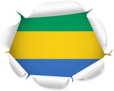 Gabon bayrağı. Saydam bir arkaplan üzerinde Gerçekçi Kıvrımlı Kenarları olan Yırtık Kağıt Deliğinden Ortaya Çıkan Bayrak. Yırtık kenarları gerçekçi gölgeler ve derinlikle dışa doğru kıvrılarak çarpıcı bir etki yaratıyor.