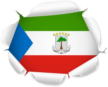 Ekvator Ginesi bayrağı. Saydam bir arkaplan üzerinde Gerçekçi Kıvrımlı Kenarları olan Yırtık Kağıt Deliğinden Ortaya Çıkan Bayrak. Yırtık kenarları gerçekçi gölgeler ve derinlikle dışa doğru kıvrılarak çarpıcı bir etki yaratıyor.