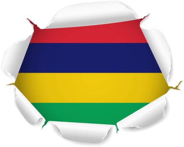 Mauritius bayrağı. Saydam bir arkaplan üzerinde Gerçekçi Kıvrımlı Kenarları olan Yırtık Kağıt Deliğinden Ortaya Çıkan Bayrak. Yırtık kenarları gerçekçi gölgeler ve derinlikle dışa doğru kıvrılarak çarpıcı bir etki yaratıyor.