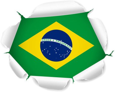 Brasil bayrağı. Saydam bir arkaplan üzerinde Gerçekçi Kıvrımlı Kenarları olan Yırtık Kağıt Deliğinden Ortaya Çıkan Bayrak. Yırtık kenarları gerçekçi gölgeler ve derinlikle dışa doğru kıvrılarak çarpıcı bir etki yaratıyor.