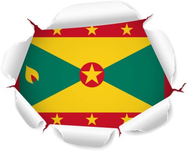 Grenada bayrağı. Saydam bir arkaplan üzerinde Gerçekçi Kıvrımlı Kenarları olan Yırtık Kağıt Deliğinden Ortaya Çıkan Bayrak. Yırtık kenarları gerçekçi gölgeler ve derinlikle dışa doğru kıvrılarak çarpıcı bir etki yaratıyor.