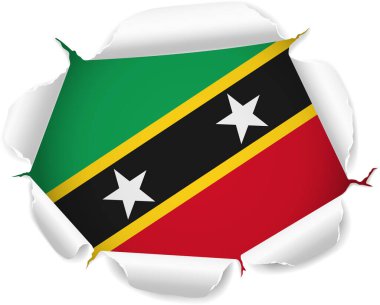 Saint Kitts ve Nevis bayrağı. Saydam bir arkaplan üzerinde Gerçekçi Kıvrımlı Kenarları olan Yırtık Kağıt Deliğinden Ortaya Çıkan Bayrak. Yırtık kenarları gerçekçi gölgeler ve derinlikle dışa doğru kıvrılarak çarpıcı bir etki yaratıyor.