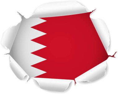 Bahreyn bayrağı. Saydam bir arkaplan üzerinde Gerçekçi Kıvrımlı Kenarları olan Yırtık Kağıt Deliğinden Ortaya Çıkan Bayrak. Yırtık kenarları gerçekçi gölgeler ve derinlikle dışa doğru kıvrılarak çarpıcı bir etki yaratıyor.