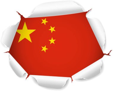 Çin bayrağı. Saydam bir arkaplan üzerinde Gerçekçi Kıvrımlı Kenarları olan Yırtık Kağıt Deliğinden Ortaya Çıkan Bayrak. Yırtık kenarları gerçekçi gölgeler ve derinlikle dışa doğru kıvrılarak çarpıcı bir etki yaratıyor.