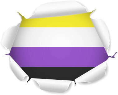 İkili Olmayan Bayraklar. LGBTQ. Saydam bir arkaplan üzerinde Gerçekçi Kıvrımlı Kenarları olan Yırtık Kağıt Deliğinden Ortaya Çıkan Bayrak. Yırtık kenarları gerçekçi gölgeler ve derinlikle dışa doğru kıvrılarak çarpıcı bir etki yaratıyor.