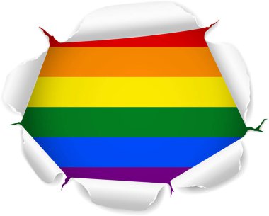 LGBTQ bayrağı. Barış sembolü. Saydam bir arkaplan üzerinde Gerçekçi Kıvrımlı Kenarları olan Yırtık Kağıt Deliğinden Ortaya Çıkan Bayrak. Yırtık kenarları gerçekçi gölgeler ve derinlikle dışa doğru kıvrılarak çarpıcı bir etki yaratıyor.