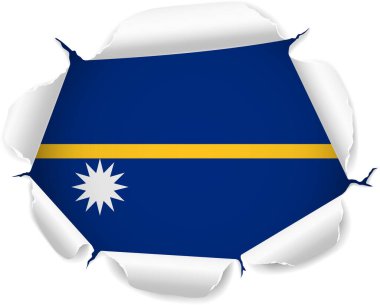 Nauru bayrağı. Saydam bir arkaplan üzerinde Gerçekçi Kıvrımlı Kenarları olan Yırtık Kağıt Deliğinden Ortaya Çıkan Bayrak. Yırtık kenarları gerçekçi gölgeler ve derinlikle dışa doğru kıvrılarak çarpıcı bir etki yaratıyor.
