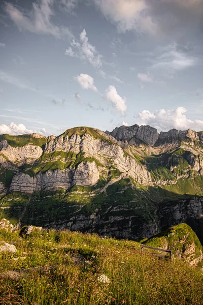 Καλοκαιρινή Πεζοπορία Στα Ελβετικά Βουνά Πράσινο Γρασίδι Και Ηλιόλουστη Μέρα — Φωτογραφία Αρχείου