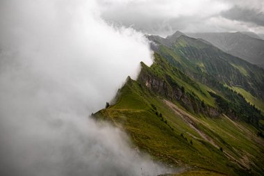 Bulutlardaki dağ zirvesi. Dağların tepesinde. İsviçre Alpleri, muhteşem manzaralar.