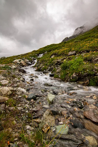 Bergsbäck Schweiz Netto Blått Vatten Schweiziska Alperna Lång Exponering — Stockfoto