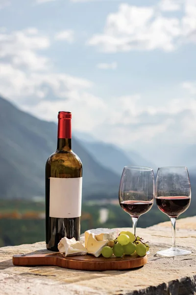Glass Red Wine Mountains Background Swiss Cheese Wine Switzerland Stock Image