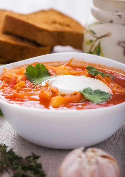 Vegetarischer Borschtsch mit saurer Sahne — Stockfoto