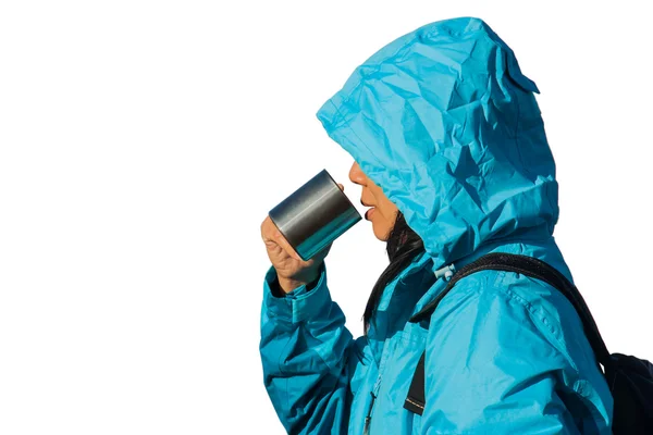 Women Wearing A Blue Winter Coat Drinking Hot Drink. — Stock Photo, Image